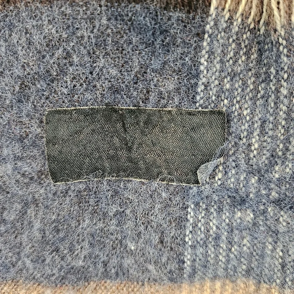 Vintage Halstom Plaid Winter Scarf Grey Navy Tan Fringed Soft Woven Wrap
